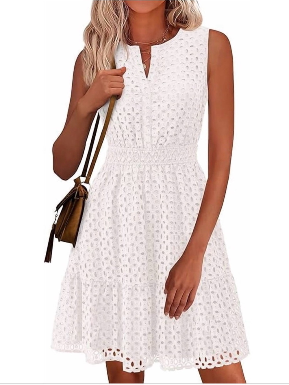 Sleeveless White Eyelet Mini Dress with Smocked Waist